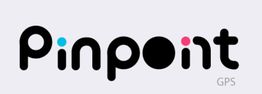 Logo de "Pinpoint GPS" con diseño negro, puntos azul y rosa en letras. Fondo gris claro.