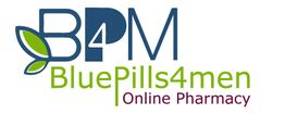 Logo for "BluePills4men" with leaves and "Online Pharmacy" text below.