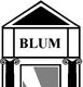 Logo mit der Aufschrift "BLUM" in einem stilisierten antiken Gebäude mit Säulen und Dreiecksgiebel.