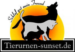 Silhouette von Hund, Katze und Kaninchen vor Sonnenuntergang mit Schrift: "Schlaf gut mein Freund".