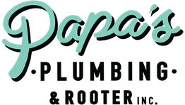 Papa's Plumbing & Rooter Inc. logo in teal script on transparent background.