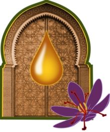 Tropfen mit orientalischem Torbogen und Safranblüte.