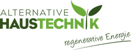 Logo mit grünem Text: "Alternative Haustechnik, regenerative Energie", Blätter als i-Punkt.