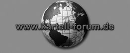 Schwarz-weiße Weltkugel mit der URL www.kartell-forum.de in der Mitte, auf grauem Hintergrund.