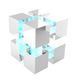 3D-Würfel aus weißen und blauen Blöcken, teilweise schwebend und leuchtend.
