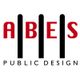 Logo mit dem Text "ABES PUBLIC DESIGN", rote Buchstaben und schwarze Balken dazwischen.