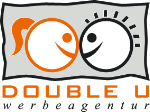 Logo der Double U Werbeagentur mit stilisierten Gesichtern in Orange und Schwarz.