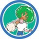 Cartoon lumberjack carrying a tree trunk over his shoulder, inside a blue circle with a green background.