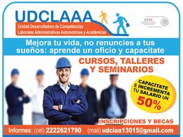 Anuncio de cursos y talleres para incrementar salario un 50%, con contacto para inscripciones.