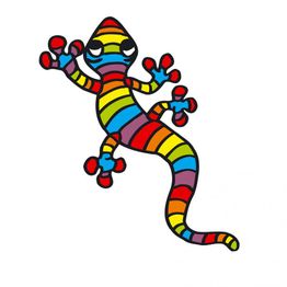 Bunter Gecko mit Regenbogenstreifen und roten Füßen vor weißem Hintergrund, stilisierte Zeichnung.