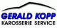 Logo von Gerald Kopp Karosserie Service, blau-weißer Text unter einer stilisierten Dachlinie.