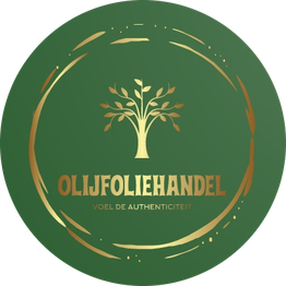 Logo van een olijfoliebedrijf met een boom en teksten "OLIJFOLIEHANDEL" en "VOEL DE AUTHENTICITEIT".
