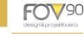 Logo mit der Aufschrift "FOV90" und "design & projekttbüro", gelbes und graues Design.