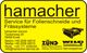 Gelbes Schild mit dem Text: "hamacher – Service für Folienschneide- und Frässysteme" und Kontaktdaten.