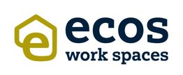 Logo von ecos work spaces mit stilisiertem Haus und Schriftzug in Blau und Grün.
