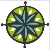 Símbolo circular con patrones verdes y azules en forma de estrella.