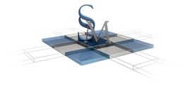 3D-Logo mit den Buchstaben "S" und "M" auf blauer, karierten Fläche.