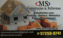 Cartão da MS Construção & Reformas, serviços de pintura, elétrica, hidráulica, pisos e revestimento.