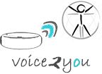 Logo mit Kreis, Vitruvianischer Mensch, blauem Symbol und Text "voice2you" in kursiver Schrift.