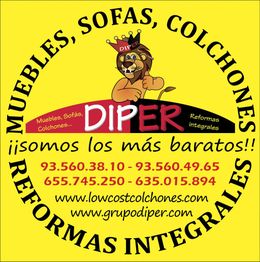 Anuncio de Diper con león. Texto: "Muebles, sofás, colchones. ¡Somos los más baratos!"