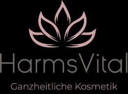 HarmsVital-Logo: Rosa Lotusblume und Schriftzug "Ganzheitliche Kosmetik" auf schwarzem Hintergrund.
