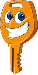 Ein lachender, animierter, orangefarbener Schlüssel mit großen Augen und breitem Lächeln.