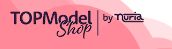 Logotipo de "Top Model Shop by Núria" sobre fondo rosa.