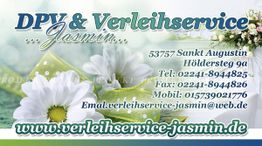 Visitenkarte mit Blumen, Kontaktdaten und Webadresse von Verleihservice Jasmin.