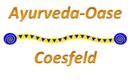 Text "Ayurveda-Oase Coesfeld" mit farbigem Muster darunter.
