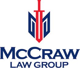 McCraw Law Group logo featuring a stylized sword design in blue and red.
