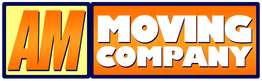 Logo of AM Moving Company with bold text in orange and yellow background.