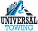 Universal Towing logo with a tow hook, buildings, and road graphic in blue and black.