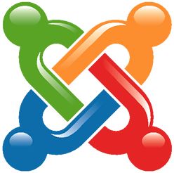 Joomla-Logo in Form von verflochtenen, farbigen Bögen: grün, orange, rot, blau.
