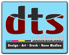 "dts printworld-Logo mit Slogan: Design, Art, Druck, Neue Medien auf blauem Hintergrund."