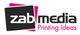 Logo mit Schriftzug: "zab media, Printing Ideas", schwarzer und pinker Hintergrund.