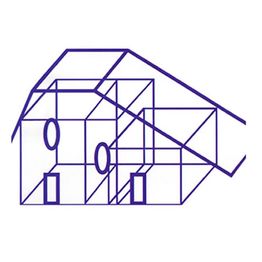 Geometrische Hauszeichnung in Blau mit ovale und rechteckige Fensterformen.