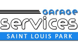 Text logo: "Garage Services Saint Louis Park" with black lines and blue highlights.
