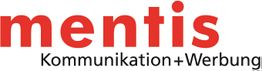 Logo mit rotem "mentis" und schwarzem Text "Kommunikation + Werbung" darunter.