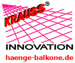 Krauss-Logo mit rosa Gitter, Text "INNOVATION" und URL "haenge-balkone.de".