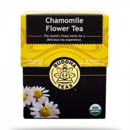 Chamomile Flower Tea box with Buddha logo, daisies, and USDA organic label on packaging.
