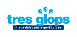 Texto "tres glops" en azul con gotas. Subtítulo: "Aigua dolça per a gent salada" en catalán.