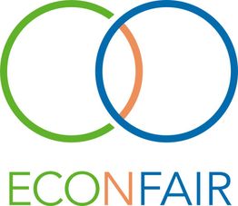 Logo mit zwei überlappenden Kreisen in Grün und Blau. Darunter steht "ECONFAIR" in Grün und Orange.