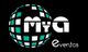 Texto: "Mya eventos" en un globo cuadriculado sobre fondo negro.