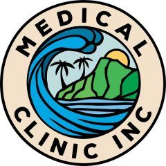 Logo with wave, palm trees, and sun behind a hill, labeled "Medical Clinic Inc."