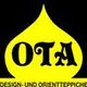 Gelbes Logo mit der Aufschrift "OTA" in Schwarz, darunter steht "Design- und Orientteppiche".