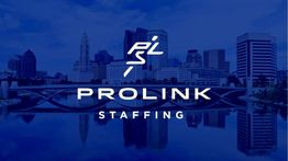 Prolink Staffing logo on a blue cityscape background with reflected buildings in water.