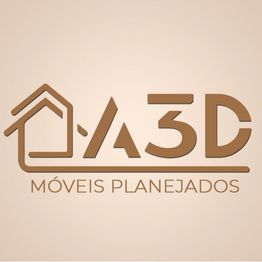 Logotipo da A3D, Móveis Planejados, com desenho de uma casa estilizada na cor marrom.