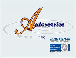 Logo "Autoservice" con certificazione ISO 9001 Bureau Veritas e marchio Landirenzo Rete Italia.