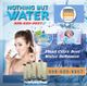 Woman drinking water, baby sleeping, water softeners, and contact number for water services.