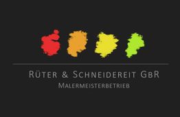 Logo von Rüter & Schneidereit GbR mit bunten Farbflecken auf schwarzem Hintergrund.